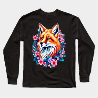 Red Fox with Bold Flowers Long Sleeve T-Shirt